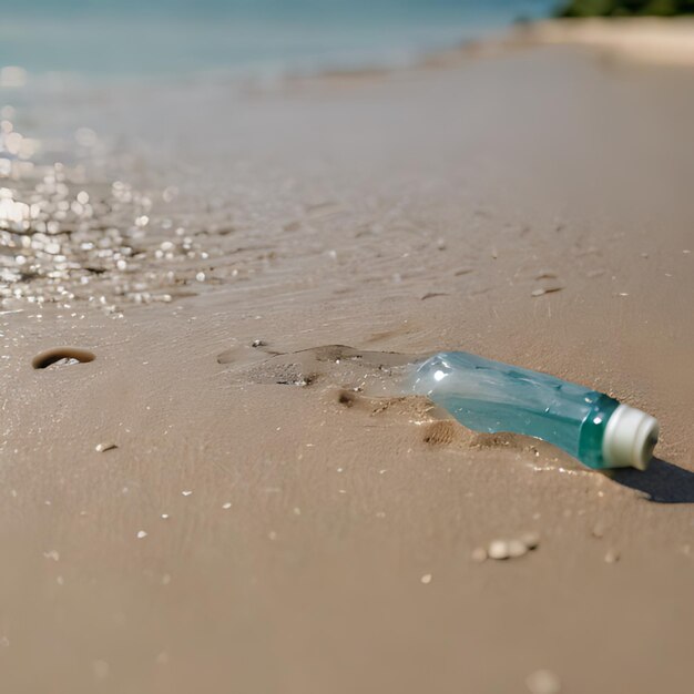 uma garrafa de água do mar está deitada na praia