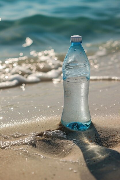 Uma garrafa de água em uma praia de areia
