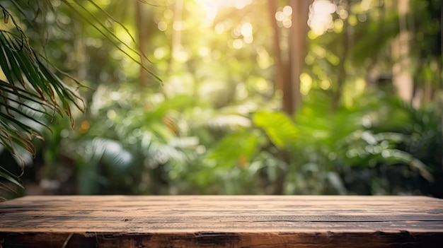 Uma garrafa de água está sobre uma mesa de madeira em uma selva.