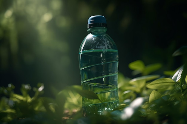 Uma garrafa de água na floresta com um rótulo verde que diz 'água'