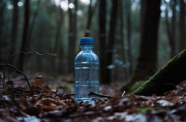 Uma garrafa de água na floresta