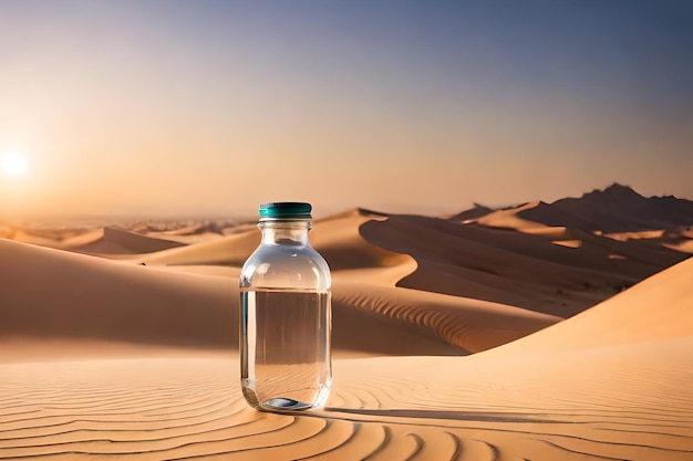 Uma garrafa de água no deserto com um pôr do sol ao fundo