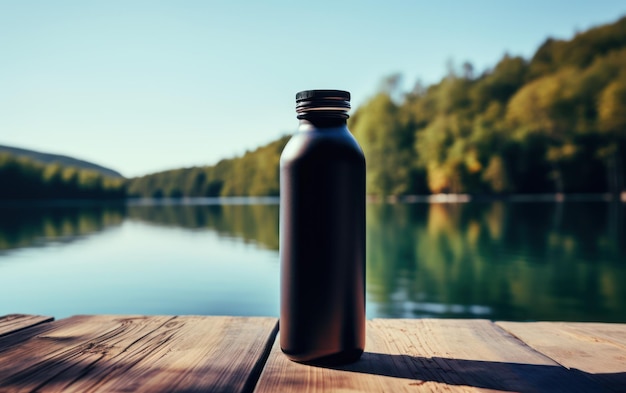Uma garrafa de água opaca preta repousa em um convés de madeira com um lago sereno