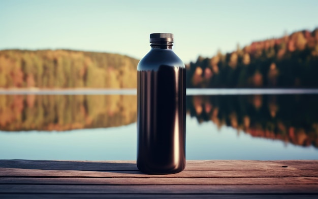 Uma garrafa de água opaca preta repousa em um convés de madeira com um lago sereno