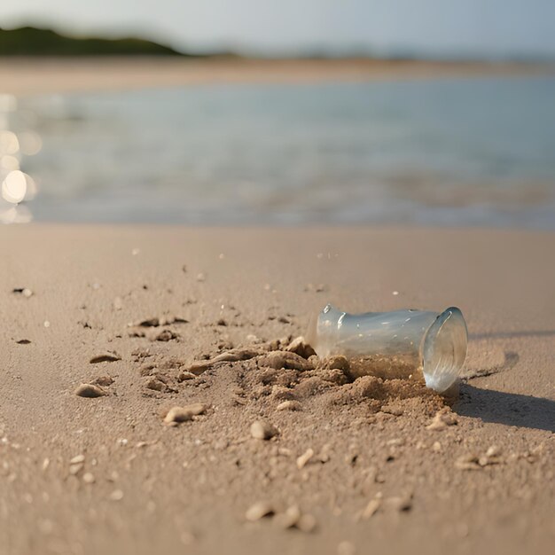 Foto uma garrafa de água sentada em uma praia com uma gaivota ao fundo