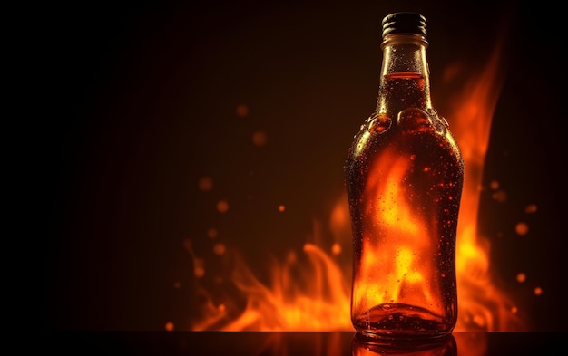 Uma garrafa de álcool com fundo de fogo