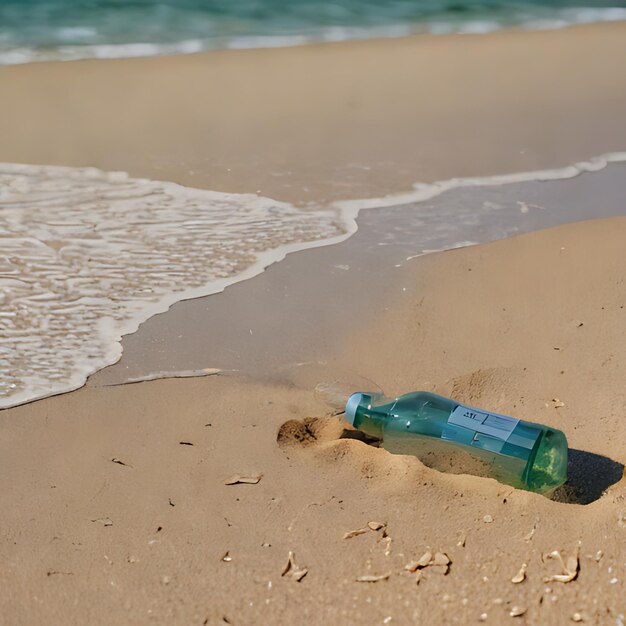 uma garrafa de algas está deitada na praia