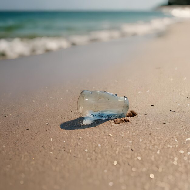 uma garrafa de algas está na areia na praia