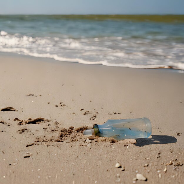 Foto uma garrafa de algas fica em uma praia com o oceano ao fundo