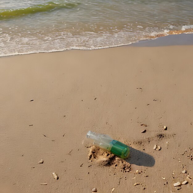 uma garrafa de algas fica em uma praia perto do oceano