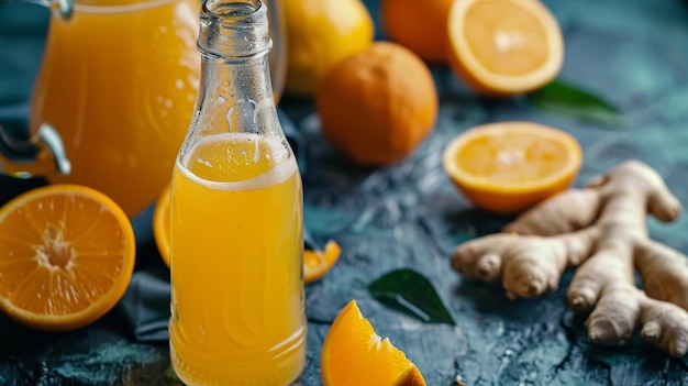 Uma garrafa de cerveja de gengibre sem álcool ao lado de um jarro de suco de laranja recém-espreitado pronto para ser