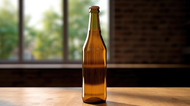 Uma garrafa de cerveja em uma mesa ou balcão de bar em frente a uma janela