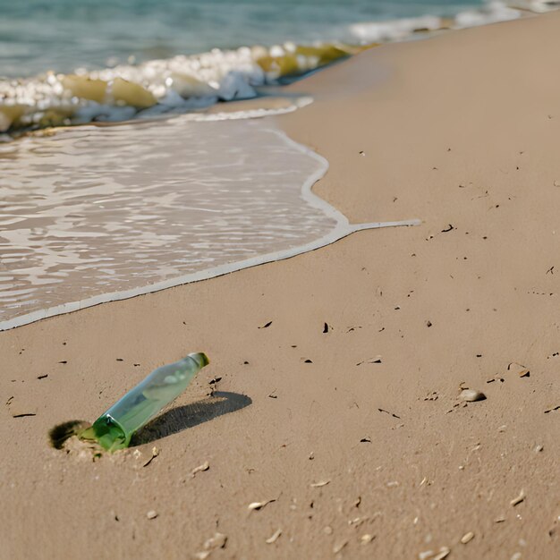 uma garrafa de cerveja está na praia e está quebrada