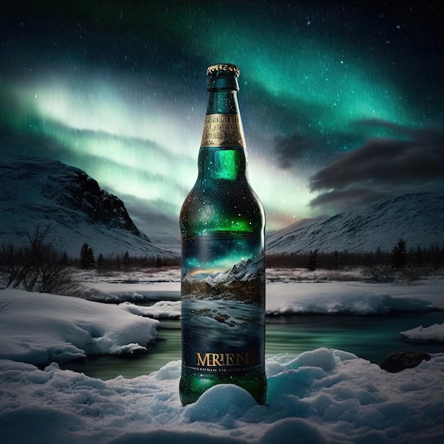 uma garrafa de cerveja na paisagem de neve com luzes do norte isoladas, anúncio de bebida de cervejaria