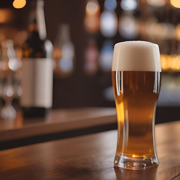 Foto uma garrafa de cerveja senta-se em um balcão de bar com uma garracha de cerveja no fundo