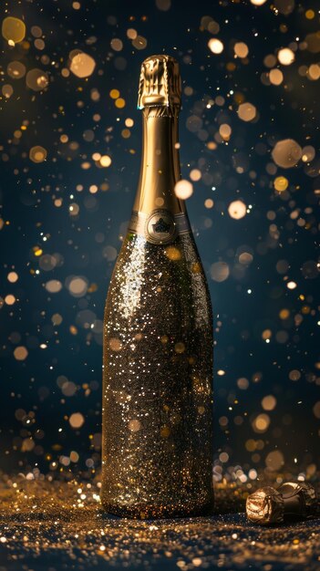 Uma garrafa de champanhe adornada com brilho dourado