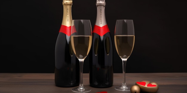 Uma garrafa de champanhe com duas taças de champanhe na mesa.