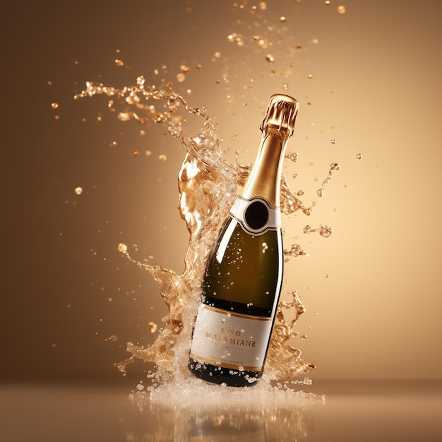 Uma garrafa de champanhe com salpicos em um fundo dourado