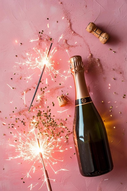 uma garrafa de champanhe e um diamante em uma superfície rosa