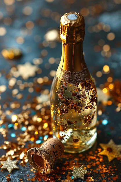 uma garrafa de champanhe em cima de uma mesa