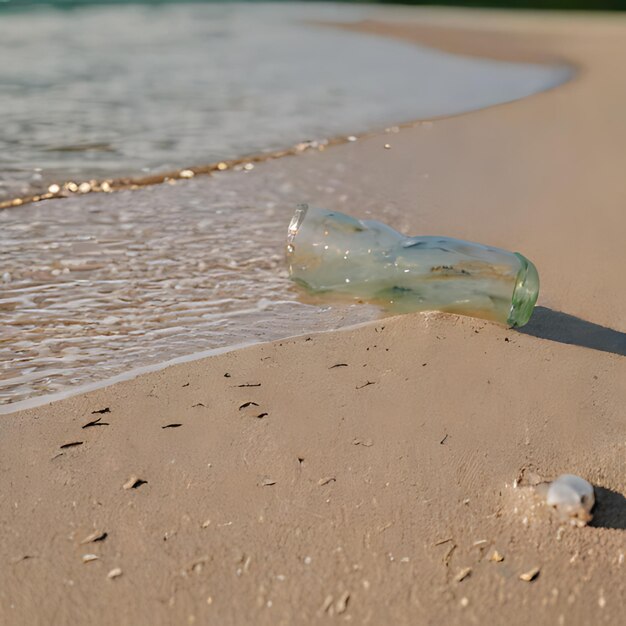 Foto uma garrafa de concha de mar está na praia perto do oceano