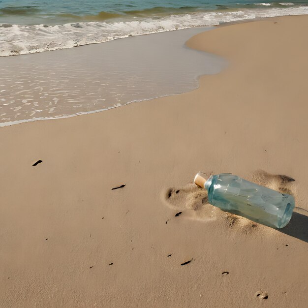 Foto uma garrafa de concha marinha está na areia perto do oceano