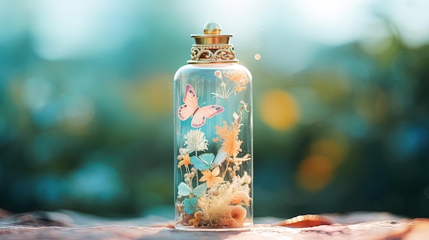 Uma garrafa de conchas marinhas com uma borboleta no topo.