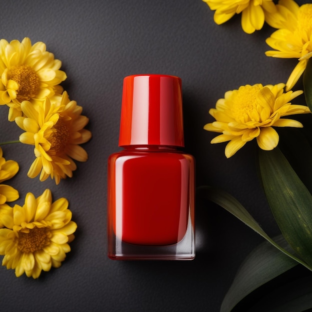 Uma garrafa de esmalte vermelho com flores amarelas em um fundo preto