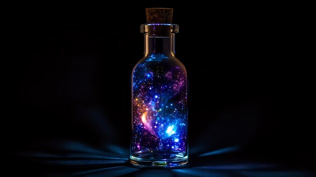 Uma garrafa de espaço em um fundo escuro com uma garrafa azul com estrelas.