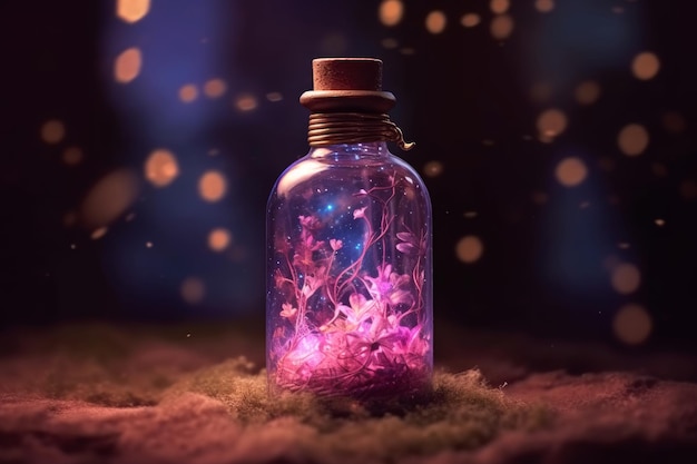 Uma garrafa de flores roxas fica em um campo de grama com uma luz brilhante ao fundo.