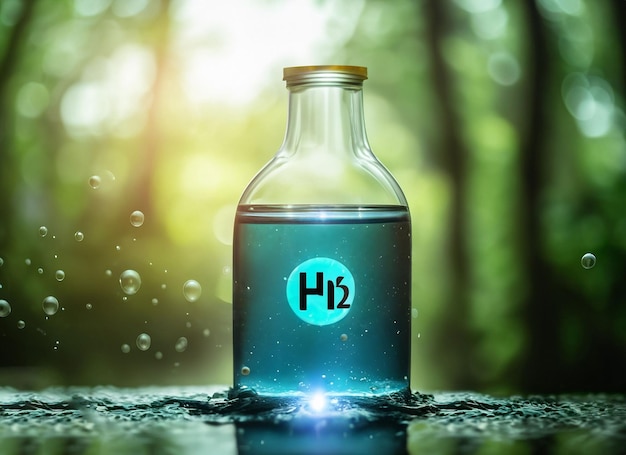 Uma garrafa de h2 em uma garrafa de vidro com um líquido azul.