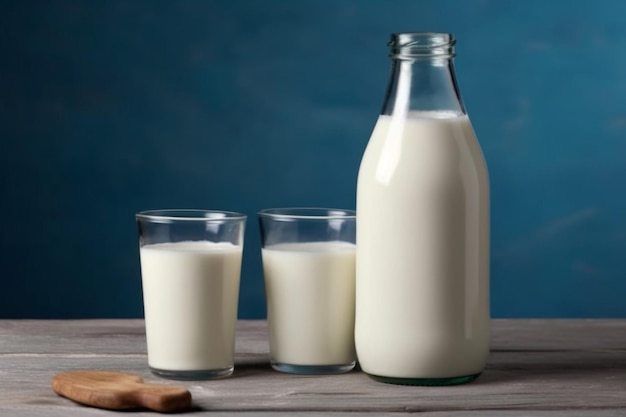 Uma garrafa de leite e dois copos de leite estão sobre uma mesa.