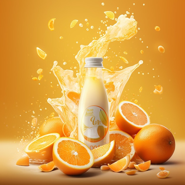 uma garrafa de limonada com laranjas e laranjas.