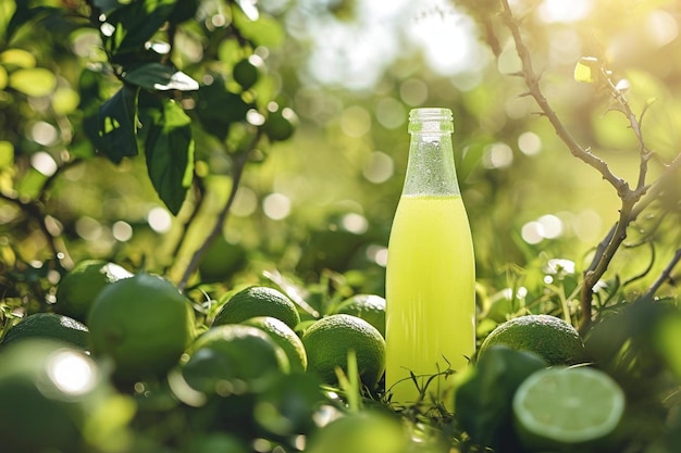 uma garrafa de limonada rodeada de limão