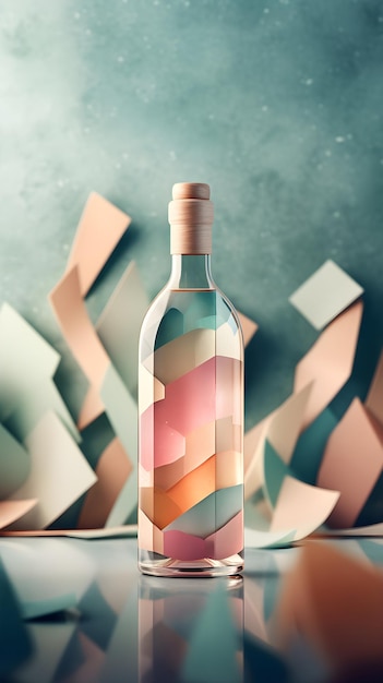 Uma garrafa de líquido com tiras de papel coloridas