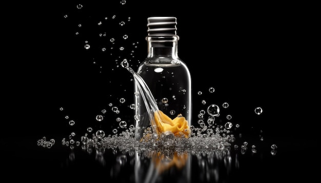 Uma garrafa de líquido com uma folha de ouro.