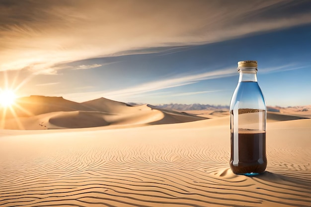 Uma garrafa de líquido no deserto com um pôr do sol ao fundo