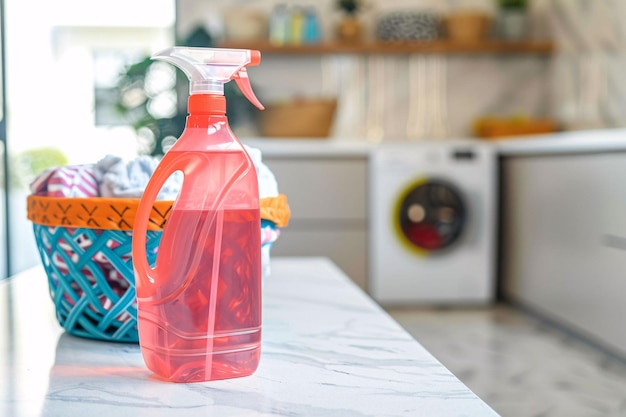 Foto uma garrafa de líquido vermelho senta-se em um balcão da cozinha limpeza de limpeza doméstica suprimentos de limpeza closeup ba