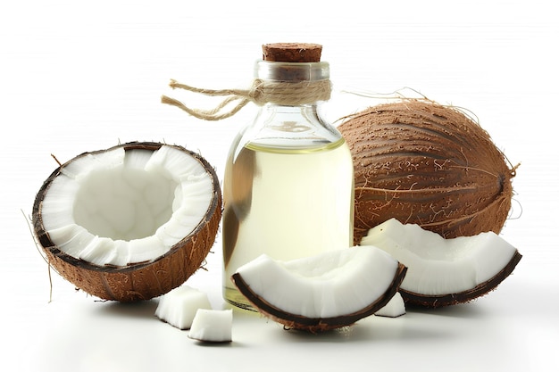 uma garrafa de óleo de coco com um monte de cocos nele