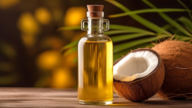 Uma garrafa de óleo de coco decorada com cocos de folhagem de palmeira verde e a cor verde closeup de um coco Cuidados com a pele e alimentação saudável são conceitos GERAR IA