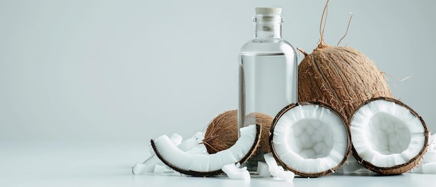 Uma garrafa de óleo de coco transparente e cocos cortados ao meio contra um fundo branco