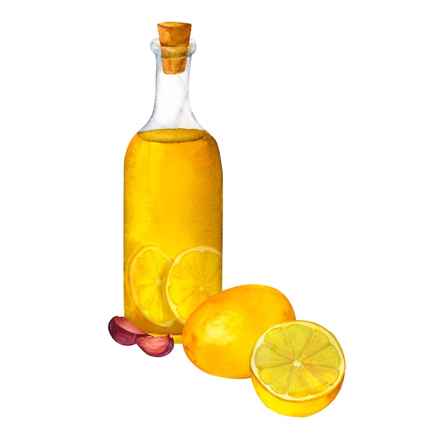 Uma garrafa de óleo de oliva perfumado com decoração de limão e alho para cozinha para receitas de menus de restaurantes
