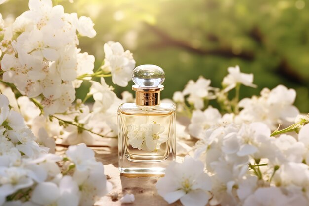 Uma garrafa de perfume cercada por flores brancas IA generativa