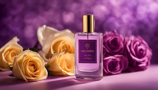 uma garrafa de perfume com rosas roxas e fundo roxo