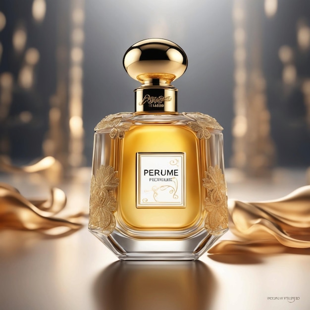 Uma garrafa de perfume com um topo dourado que diz perfume