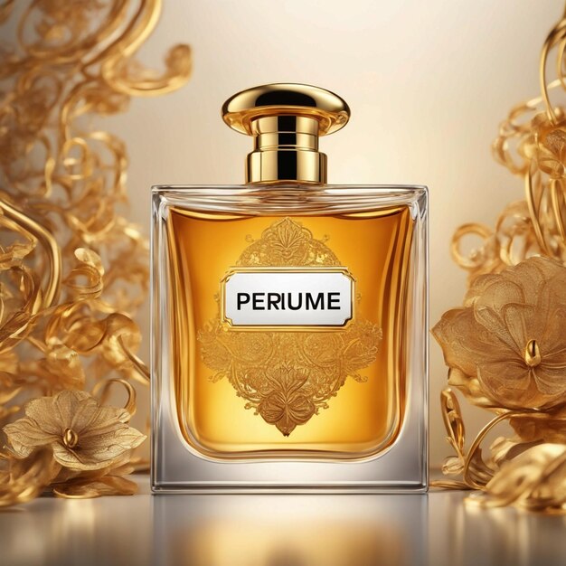 Uma garrafa de perfume com um topo dourado que diz perfume