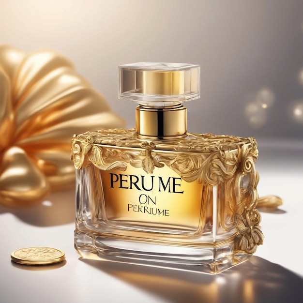 Uma garrafa de perfume com um topo dourado que diz perfume