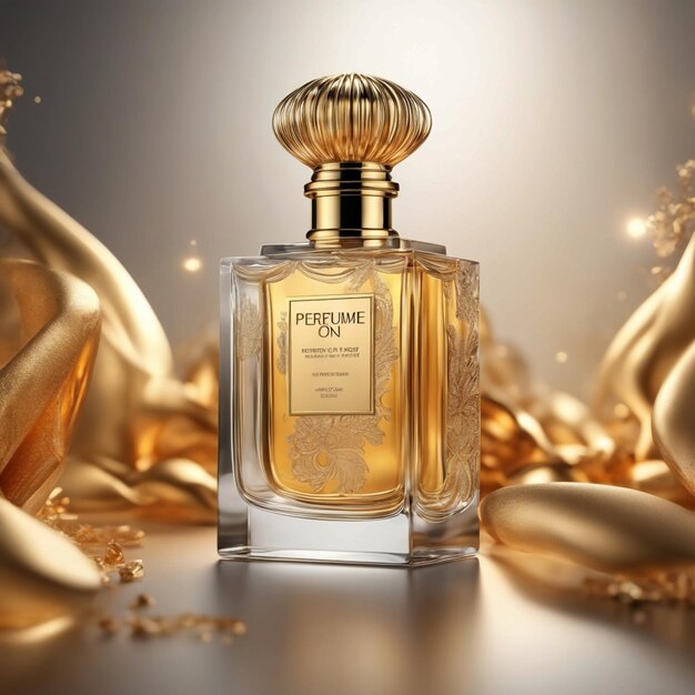 Uma garrafa de perfume com um topo dourado que diz perfume