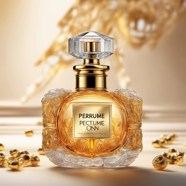 Uma garrafa de perfume com um topo dourado que diz perfume