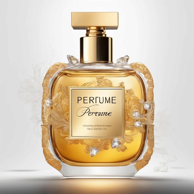 Uma garrafa de perfume com um topo dourado que diz perfume